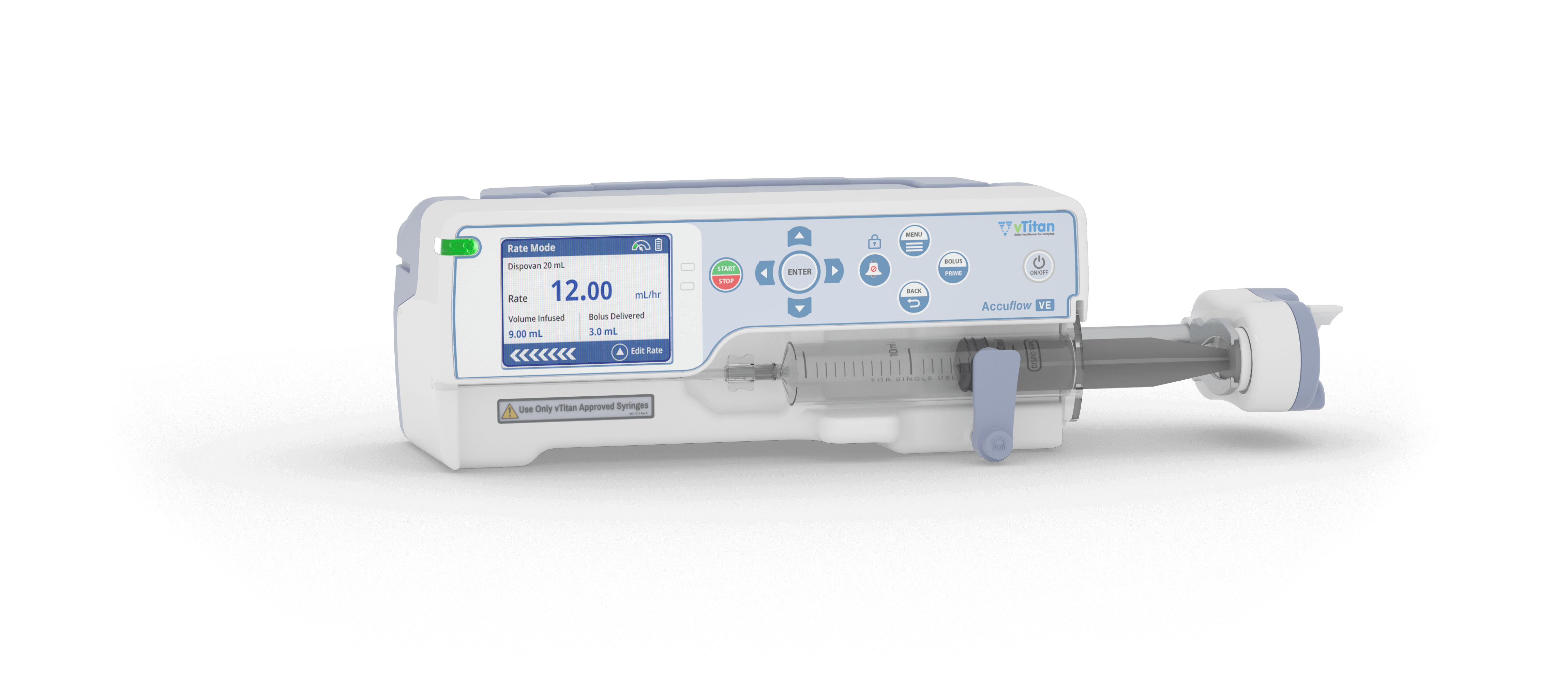 Accuflow  ​VE Syringe Pump with loaded syringe and display showing the monitoring parameters