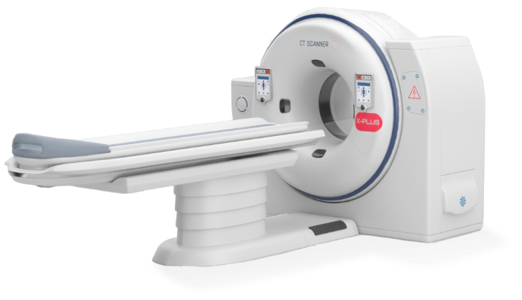 A modern CT scan machine that refers to the department of Radiology